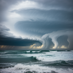 A dramatic storm rolling over a tranquil coastline, with dark clouds and powerful ocean waves, showcasing the intense and awe-inspiring beauty of nature.