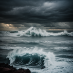 A stormy sea with turbulent waves under dark, ominous clouds, highlighting the powerful and dramatic atmosphere of nature's untamed beauty.