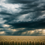A dramatic stormy sky looms over a golden wheat field, showcasing the powerful contrast between dark clouds and sunlit crops, capturing nature's raw beauty.
