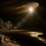 Sunlight streaming through a cave entrance, illuminating the rocky interior with a warm glow, showcasing a play of light and shadow.