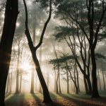 Sunlight streams through foggy trees, creating a serene and ethereal natural scene, perfect for capturing the tranquil beauty of nature.