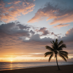 A breathtaking view of a vibrant sunset on a tropical beach, with colorful skies and gentle ocean waves creating a serene and picturesque scene.