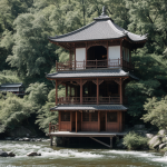 A charming tea house nestled by a tranquil river, surrounded by lush greenery, offering a peaceful and serene retreat in nature.