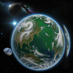 An artistic representation of a planet undergoing terraforming with lush greenery and water bodies, illustrating the transformation from a barren landscape to a habitable environment.