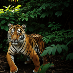 A majestic tiger prowling through dense jungle shadows, showcasing its natural habitat and enigmatic presence in the wild.
