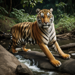 A majestic tiger resting by a serene jungle river, showcasing the beauty of wildlife in its natural habitat, surrounded by lush greenery and flowing water.