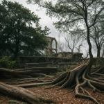 A breathtaking view of sprawling tree roots enveloping ancient stone ruins, illustrating nature's reclaiming power.
