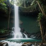 A stunning tropical jungle waterfall surrounded by lush greenery, showcasing nature's vibrant flora and the serene ambiance of cascading waters.