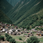 A picturesque village nestled in a serene mountain valley, surrounded by lush greenery and stunning landscapes, offering a tranquil and peaceful retreat.
