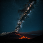 A spectacular volcano erupts under a mesmerizing starry sky, with fiery lava flowing down the mountain, creating a stunning natural scene.