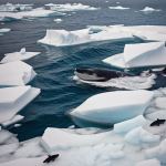 A majestic whale gliding smoothly under the shimmering polar ice, showcasing the serene beauty and adaptability of these gentle giants in icy waters.