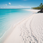 A breathtaking view of a white sand beach with turquoise water, offering a tranquil and picturesque setting ideal for relaxation and tropical exploration.