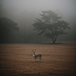 A wild deer gracefully stands amidst a foggy landscape, embodying the serene and mystical beauty of nature in a tranquil morning scene.