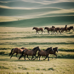 A herd of wild horses gallops across a sprawling field, showcasing their untamed grace and freedom in nature's open landscape.