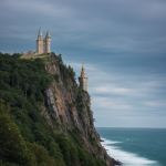 A mystical wizard tower perched on a rugged cliff, offering a breathtaking view into a world of fantasy and magic.