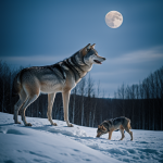 A majestic wolf stands silhouetted against a full moon, its head raised in a haunting howl, capturing the essence of wilderness and mystery.