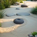 A tranquil zen garden featuring carefully arranged stones and raked sand, embodying peace and minimalism for meditation and relaxation.