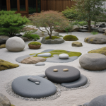 A tranquil Zen garden featuring carefully arranged stones and raked sand patterns, showcasing a serene and meditative outdoor space.