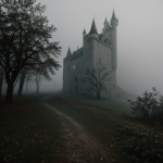An abandoned castle enveloped in dense fog, exuding a mysterious and eerie atmosphere, perfect for exploring the allure of historical ruins.