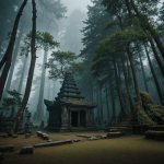 A mystical view of ancient forest temple ruins surrounded by lush greenery, showcasing historical architecture intertwined with nature.