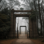 A mystical ancient gate standing silently amidst a foggy forest, enveloped in mystery and history, inviting exploration and wonder.