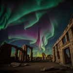 A breathtaking view of ancient ruins illuminated by the vibrant colors of the aurora borealis, showcasing a blend of history and natural wonder.