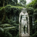 A mystical ancient statue surrounded by dense, overgrown jungle foliage, hinting at a lost civilization and hidden historical secrets.