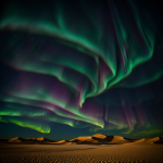 A mesmerizing aurora lights up the sky above vast desert dunes, creating a stunning contrast of colors and textures in a breathtaking natural display.