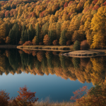 A scenic view of a tranquil lake framed by vibrant autumn trees, showcasing the rich colors of fall in a peaceful natural setting.