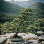 A serene bonsai tree on the edge of a mountain, capturing the harmony between art and nature, set against a stunning natural landscape.