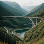 A stunning bridge spans across a majestic mountain valley, offering scenic views perfect for nature lovers and adventure seekers.