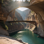 A stunning bridge spans a sunlit canyon, showcasing the beauty of human ingenuity amid natural landscapes, with sunlight illuminating the canyon's features.