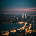 A stunning city skyline illuminated by a glowing horizon, showcasing the magical interplay of urban architecture and natural beauty at dusk.