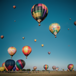A sky filled with vibrant and colorful hot air balloons floating gracefully against a clear blue backdrop, capturing the essence of adventure and exploration.