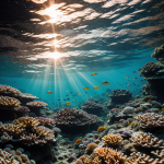 A vibrant coral reef with sunlight beams illuminating colorful marine life and diverse coral formations in a stunning underwater scene.