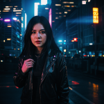 A cyberpunk girl stands amidst a futuristic cityscape, illuminated by vibrant neon lights, encapsulating the essence of urban exploration in a sci-fi setting.