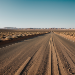 A captivating view of a desert road stretching towards the horizon, showcasing the vastness and serene beauty of the desert landscape.