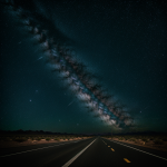 A breathtaking view of a desert road under the Milky Way, showcasing a starry night sky and the endless stretch of the quiet desert path.