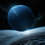 A breathtaking view of a distant planet seen from an icy ridge, showcasing the vastness of space and the beauty of frozen landscapes under a starry sky.