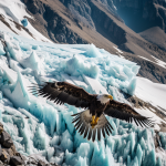 A majestic eagle flying gracefully over stunning glacier peaks, showcasing the beauty and freedom of nature in a breathtaking icy landscape.