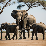 A group of elephants gracefully walking across a sunlit savannah, showcasing their natural habitat and social dynamics.
