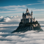 A stunning fantasy castle floats majestically above the clouds, creating a mystical and enchanting atmosphere in the sky.