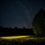 A captivating scene of fireflies glowing over a tranquil meadow at night, showcasing nature's magical nighttime beauty.