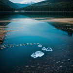Floating crystals shimmer over a tranquil lake, creating a mystical and serene natural scene that captivates the imagination with its ethereal beauty.