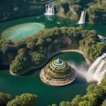A breathtaking view of a floating island with cascading waterfalls, showcasing nature's beauty and tranquility in a fantastical landscape.