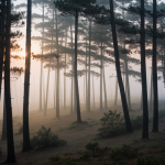 A serene dawn scene with ethereal fog enveloping pine trees, creating a mystical and tranquil atmosphere in the forest at sunrise.
