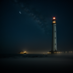 A mystical foggy lighthouse at night, glowing softly through the mist, creating an enchanting and serene coastal scene.