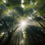 A breathtaking view of sunlight filtering through a dense forest canopy, casting a serene and picturesque natural light show on the forest floor below.