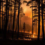 A captivating view of a forest fire glowing at sunset, with vibrant orange and red hues painting the sky, creating a mesmerizing natural spectacle.