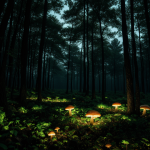 A forest landscape illuminated by an array of glowing mushrooms, showcasing nature's luminescent beauty and the enchanting glow of bioluminescent fungi.